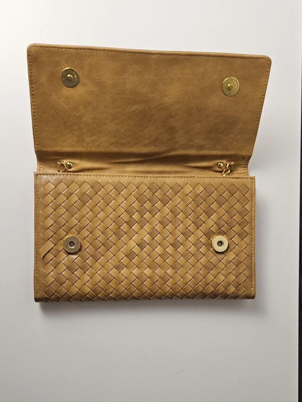Woven Faux Leather Chain Clutch Crossbody Purse Tan Boho Shoulder Bag